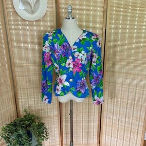 Vintage Blue Floral Women's Silk Blouse